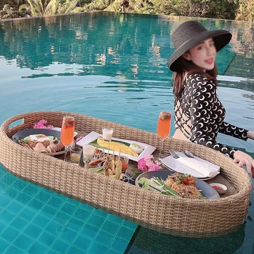 Nicvrea Schwimmendes Tablett für Pool Rattan Gewebtes Serviertablett, Pool Tablett,Servierbar Schwimm-Getränkehalter,Salat EIS Essen Pool Tablett Schwimmend,Oval-Coffee von Nicvrea