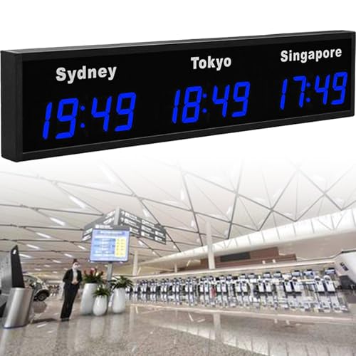 Weltzeituhr, 3/4/5 Städte-Zeitzonen-Wanduhr, digitale LED-Weltzeituhr mit mehreren Zeitzonen, 12/24 Stunden,Blue-3City von Nicvrea
