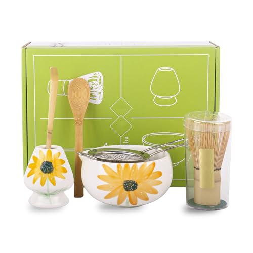 6-teiliges Sonnenblumen-Matcha-Set - Matcha-Kit mit Keramikschale, Matcha-Schneebesenhalter, Schneebesen, Löffel, Schaufel & Sieb - Matcha-Geschenk für Anfänger & Experten von Nideen