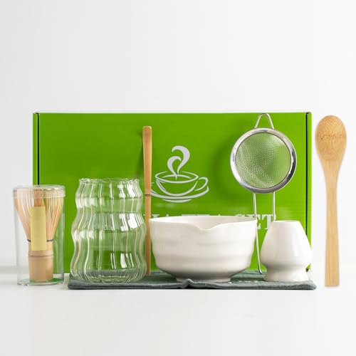 8 Stück Matcha Set Schneebesen und Schüssel, Matcha Schneebesen Set mit Matcha Tasse, Schaufel, Sieb & Tuch, Weiß Matcha Kit für japanische Teezeremonie von Nideen