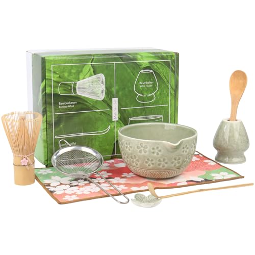8-teiliges grünes Matcha-Set – Keramik-Matcha-Schale, Matcha-Schneebesen mit Sakura-Charme, komplettes japanisches Matcha-Set mit Schneebesen, Schaufel, Sieb und Tuch (Matcha-Grün) von Nideen
