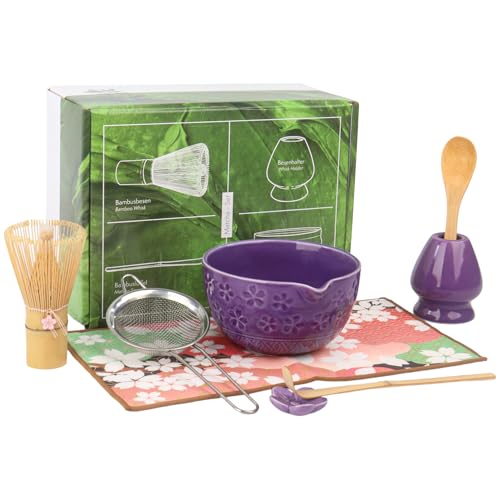 8-teiliges lila Matcha-Set – Keramik-Matcha-Schale, Matcha-Schneebesen mit Sakura-Charme, komplettes japanisches Matcha-Set mit Schneebesen, Schaufel, Sieb und Tuch von Nideen