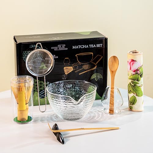 Matcha-Schneebesen-Set, japanisches Matcha-Teeset mit Glasschale, Schneebesen, Schaufel, Sieb, Halter und Geschirrtuch, komplettes Matcha-Set für Zuhause oder Geschenk, transparent, 8-teilig Matcha-Schneebesen-Set, japanisches Matcha-Teeset mit Glasschale, Schneebesen, Schaufel, Sieb, Halter und Geschirrtuch, komplettes Matcha-Set für Zuhause oder Geschenk, transparent, 8-teilig von Nideen