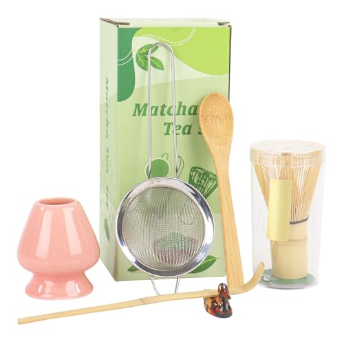 Matcha-Schneebesen Set mit 6 Stück, Matcha-Set mit Schneebesen, Schaufel, Löffel, Sieb und Keramikhalter, Matcha-Set (Rosa) von Nideen