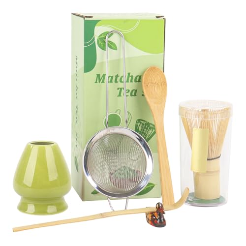 Matcha-Schneebesen Set mit 6 Stück, Matcha-Set mit Schneebesen, Schaufel, Löffel, Sieb und Keramikhalter, Matcha-Set (dunkelgrün) von Nideen