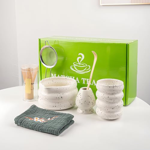 Matcha-Schneebesen-Set mit Matcha-Schüssel, 8-teiliges Matcha-Teeset, Matcha-Schneebesen und Halter, Matcha-Tasse, Schaufel, Sieb und Geschirrtuch (Weiß - 01) von Nideen