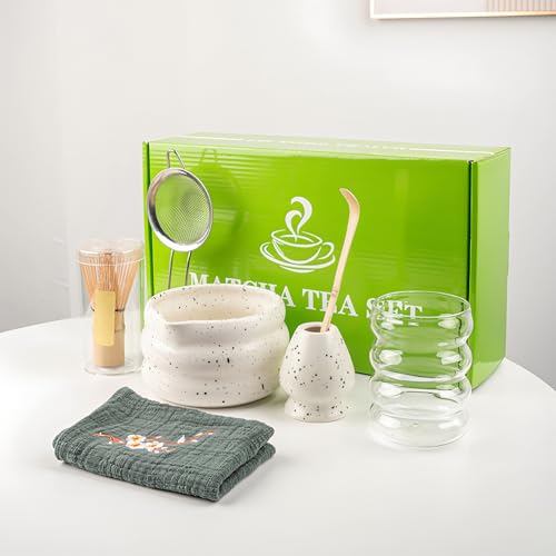 Matcha-Schneebesen-Set mit Matcha-Schüssel, 8-teiliges Matcha-Teeset, Matcha-Schneebesen und Halter, Matcha-Tasse, Schaufel, Sieb und Geschirrtuch (Weiß-02) von Nideen