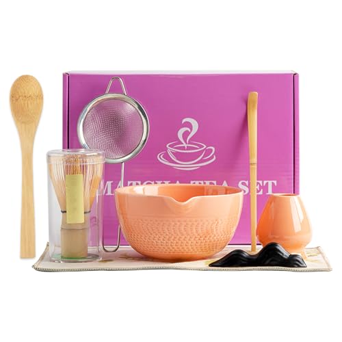 Matcha-Set, Schneebesen und Schüssel, Matcha-Schneebesen, Set mit Schüssel, Schaufel, Halter, Sieb und Tuch – Matcha-Geschenkset für Teeliebhaber (Rosa) von Nideen
