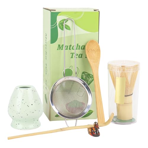 Matcha Set 6-teilig – Matcha Besen Set mit Löffel, Sieb, Matcha Löffel & Keramikhalter – Komplettes Matcha Tee Set für die Zubereitung(Hellgrün) von Nideen