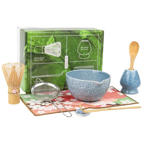 Matcha-Set aus Keramik, Matcha-Schüssel, Matcha-Schneebesen mit Sakura-Charme, komplettes japanisches Matcha-Set mit Schneebesen, Schaufel, Sieb und Tuch, 8-teilig von Nideen