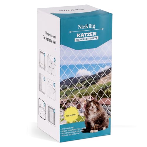 NieKilig Katzennetz für Balkon, 3x3m Katzengitter Fenster ohne Bohren, Transparentes Katzenschutznetz für Katzen zur Sicherung von Balkon, Terrassen, Fenstern, Dachluken, Türen von NieKilig