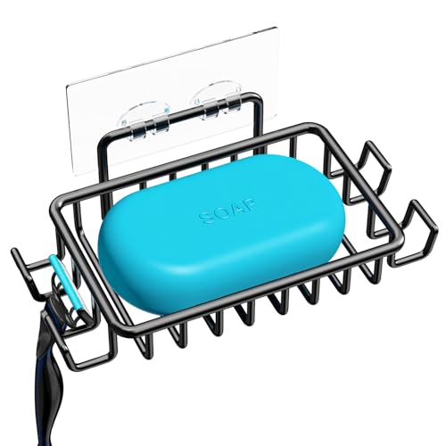 Edelstahl Seifenhalter, Seifenschale Ohne Bohren mit 4 Haken & Ablauf, Selbstklebend Seifenablage für Dusche, Badezimmer, (Schwarz) von Nieifi