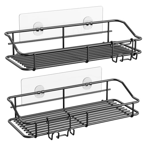 Nieifi Duschablage ohne Bohren, Duschkörbe Ablagen mit Haken selbstklebend, Badezimmer Regal, Lagerung Rack, für Bad, Waschraum, Küche Edelstahl Design 2er Pack Schwarz von Nieifi