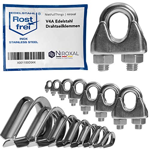1 Stück rostfreie Drahtseilklemme 4mm Edelstahl A4 Bügelseilklemme passend für Ø 4 mm Draht | im Set mit passender Kausche | aus V4A Edelstahl für Stahlkabel Stahldraht Stahlseil Seil verzinkt von NietFullThings