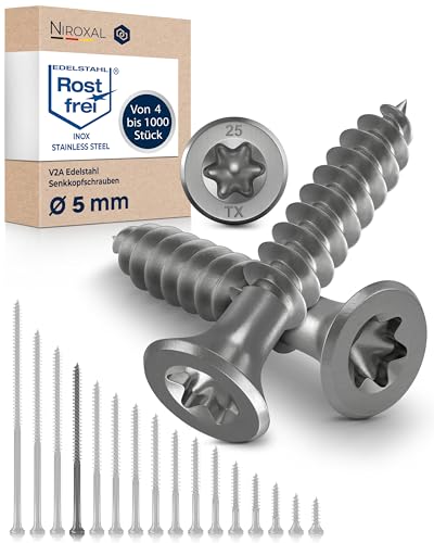 Holzschrauben Torx Schrauben 5x80 Edelstahl V2A rostfrei Spanplattenschrauben für Holz Teilgewinde 5mm stark 80mm lang 4 Stück Edelstahlschrauben Holz A2 von NietFullThings