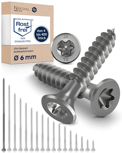 Schrauben Torx Edelstahlschrauben 6x180 Edelstahl V2A rostfrei Spanplattenschrauben für Holz Teilgewinde 6mm stark 180mm lang 400 Stück Holzschrauben Holz A2 von NietFullThings