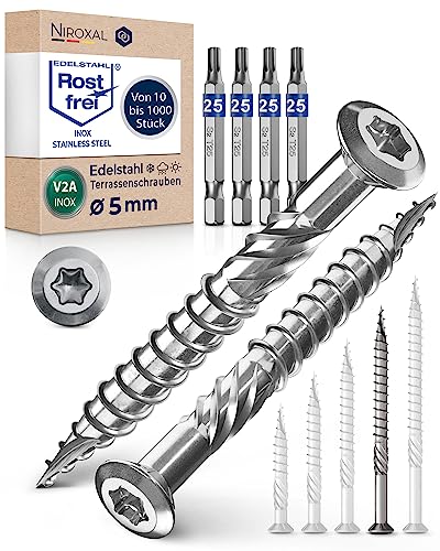 Terrassenschrauben 5x70 Edelstahl A2 Linsenkopfschrauben Torx Schrauben 5mm stark 1000 Stück Holzschrauben Torx 70mm lang Edelstahlschrauben Holz inkl. 4x Torx Bits von NietFullThings