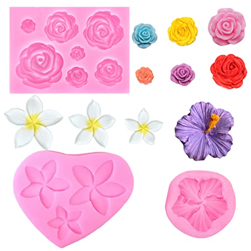 Nifocc 3 Stück 3D Blumen Fondant Form Rosen Blumen Kuchenform Blüten Backformen Hibiskus Frangipani Gießform Gussformen Cupcake Silicone Mould für Schokolade Muffin Süßigkeiten Gelee Candy Fudge Dekor von Nifocc