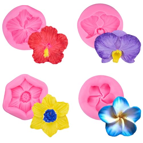 Nifocc 4 Stück 3D Blumen Fondant Form Blumen Kuchenform Blüten Backformen Hibiskus Frangipani Orchidee Gießform Gussformen Cupcake Silicone Mould für Schokolade Muffin Süßigkeiten Fudge Dekor von Nifocc