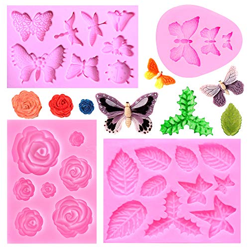 Nifocc Butterfly Silikonform Rose Flower Blätter Libelle Fondant Backformen für Dekorieren Kuchen Schokolade Muffin Süßigkeiten - 4 Stk von Nifocc