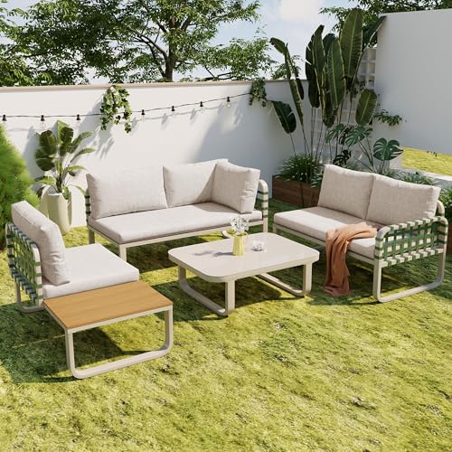 Garten Lounge Set (4-5 Sitzer), Grünes Leder Rattan Gartenmöbel Set, Modernes Outdoor Sofa Set inkl. Aller Sitz- und Rückenkissen, Balkonset, Garten und Terrasse, Aprikose von Nigfei