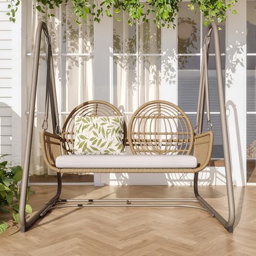 Gartenschaukel, Hollywoodschaukel mit Rückenlehne, Gartenmöbel-Set für den Außenbereich,Doppelschaukel aus PE-Rattan, 2 Sitze, Brauner Sitzrahmen und beiges Kissen von Nigfei