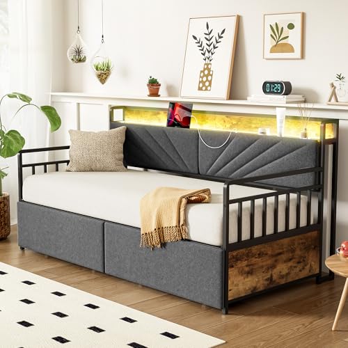 Nigfei Eisenbettsofa 90 * 200 cm, mit LED-Beleuchtung und Ablagen, mit Schubladen und Multifunktionssteckdosen, Eiseneinzelbett, Jugendbett, Schwarz von Nigfei