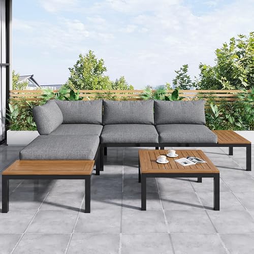 Nigfei Garten-Lounge-Set (2 Zweisitzer, 2 Beistelltische, 1 Tisch), Tischplatte aus massiver Akazie, Stoffbezug für Rückenlehne, grau von Nigfei