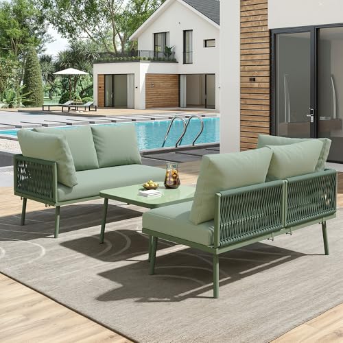 Nigfei Garten-Lounge-Set aus Eisen, Gartenmöbel-Set aus grünem Seil, L-förmiges Gartenmöbel-Set, Lounge-Set aus grünem Seil mit Sitzkissen, verstellbaren Füßen, 2 Sofas und 1 Tisch von Nigfei