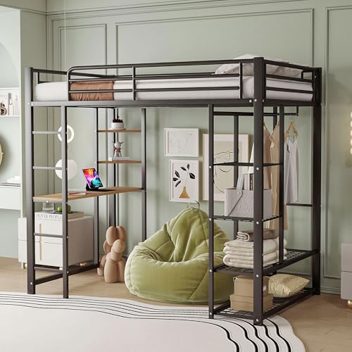 Nigfei Hochbett mit Leiter 90 * 200cm, Einzelbett Kinderbett mit Tisch mit einfacher Aufhängung mit Ablagefächern, Schwarz von Nigfei