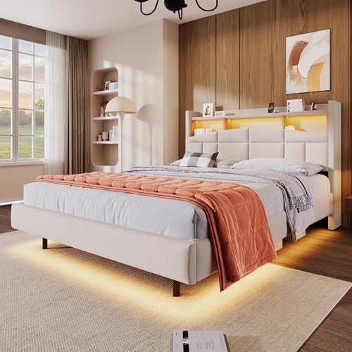 Nigfei Polsterbett, 140 * 200cm, ferngesteuerte Ambiente-Lichtleiste unter dem Bett, Flip-Top-Ablage, Kopfteil mit Ablage, USB+Type-c, ohne Matratze, Mit LED-Leuchten, Beige von Nigfei