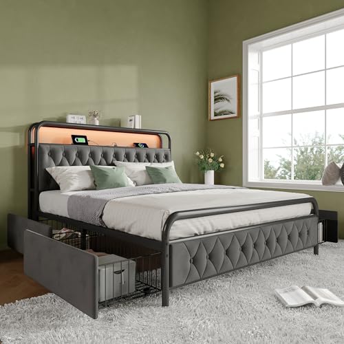 Nigfei Polsterbett Doppelbett mit Aufladen USB Type C Ladefunktion APP-Control LED Bettgestell Metallbett 140×200 Bettrahmen und 4 Schubladen, Samt (Ohne Matratze) von Nigfei