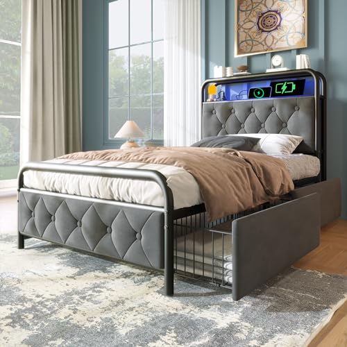 Nigfei Polsterbett Einzelbett mit Aufladen USB Type C Ladefunktion APP-Control LED Bettgestell Metallbett 90×200CM Bettrahmen und 2 Schubladen, Samt (Ohne Matratze) von Nigfei