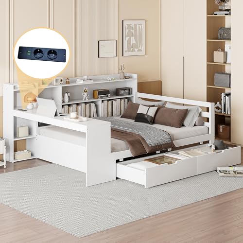 Nigfei Schlafsofa aus Massivholz, 140 * 200 cm, Mit Schreibtisch Bücherregal Ablagefächern und Regalen, Mit Steckdose, Mit 2 großen Ablagefächern, Multifunktionales Doppelholzbett, Weiß von Nigfei