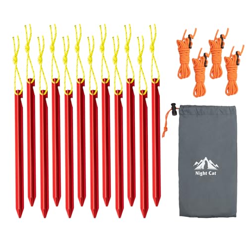 Night Cat Zeltheringe Heringe Abspannseile: 12 Stück Aluminium Legierung Zelt Stakes Pegs Nails & 4 Stck Abspannseile Seil 8m & Tasche von Night Cat