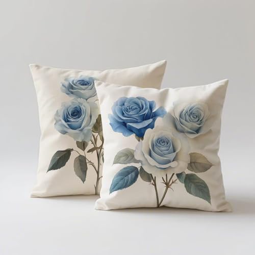 Outdoor Kissen Blau Kissenbezug 65x65 2er Set,Kissenbezüge Blumen Deko Kissen Wasserfest Samt Sofakissen mit Unsichtbarem Reißverschluss für Sommer Garten Outdoor Terrasse Wohnzimmer Balkon Deko G-255 von Nigsnxng