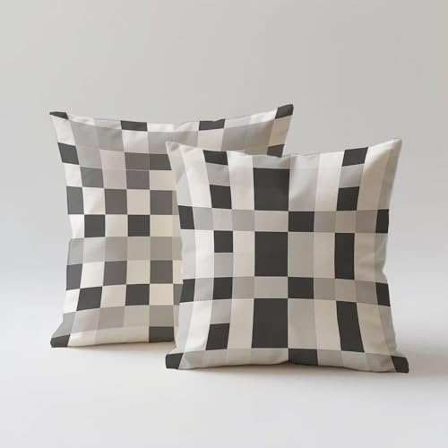 Outdoor Kissen Grau Kissenbezug 80x80 2er Set, Kissenbezüge Tartan Deko Kissen Wasserfest Leinen Sofakissen mit Unsichtbarem Reißverschluss für Outdoor Garten Terrasse Wohnzimmer Balkon Deko G-269 von Nigsnxng
