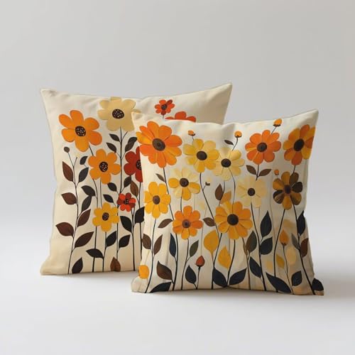Outdoor Kissen Orange Farbe Kissenbezug 65x65 2er Set, Kissenbezüge Blumen Deko Kissen Wasserfest Samt Sofakissen mit Unsichtbarem Reißverschluss für Sommer Garten Outdoor Terrasse Balkon Deko G-251 von Nigsnxng