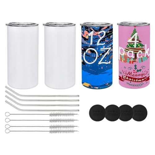 Nihcora Packung mit 4 12-Unzen-Sublimationsbechern, Leere, Isolierte Edelstahl-Wasserflaschen mit Deckel und Strohhalmen für Heimwerker, Einfach zu Verwenden von Nihcora