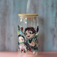 Trinkglas Mit Bambus Deckel Und Glasstrohhalm | Anime Demon Slayer Trinkbecher Nezuko| Tanjiro 560Ml 18 Uz von NihonCraft