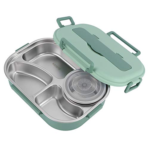 Lunchbox-Behälter, Bento-Lunchbox, Edelstahl-Lunchbox, Edelstahl-Lunchbox Tragbare Bento-Box mit 4 Gittern für Lebensmittel für Erwachsene (1500ml Grün) von Niiyen