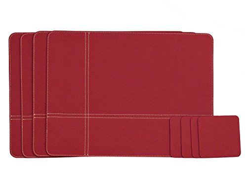 Nikalaz Platzsets und Untersetzer (4er Set) aus Recyceltem Leder, Tischsets, 4 Stück Platzsets und 4 Undersetzer, Platzdeckchen 40 x 30 cm und Untersetzer 10 x 10 cm (ROT) von Nikalaz