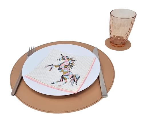 Nikalaz Rund Platzsets und Untersetzer aus Recyceltem Leder, Tisch-Sets, 2 Stück Tisch-Matten, Platzdeckchen 33 cm (Camel) von Nikalaz