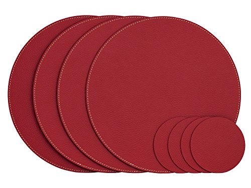 Nikalaz Rund Platzsets und Untersetzer aus recyceltem Leder, 4 Stück Tischsets, Tisch-Matten, Platzdeckchen 28 cm und Untersetzer 10cm (ROT) von Nikalaz