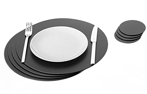 Nikalaz Rund Platzsets und Untersetzer aus recyceltem Leder, 4 Stück Tischsets, Tisch-Matten, Platzdeckchen 33 cm und Untersetzer 10cm (Schwarz) von Nikalaz