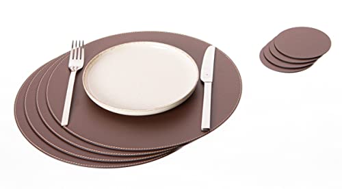 Nikalaz Rund Platzsets und Untersetzer aus Recyceltem Leder, 4 Stück Tischsets, Platzdeckchen 33 cm und Untersetzer 10cm (Braun) von Nikalaz