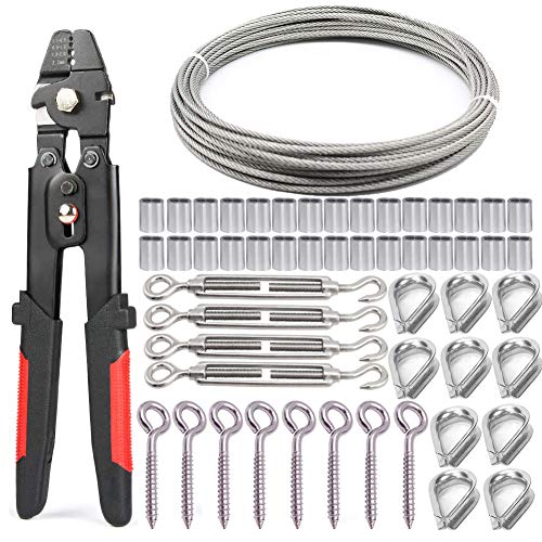 Nikang Drahtseil Crimpzange Set, Stahlseil Presszange + 30M 2mm Edelstahl Drahtseil + 4 Stück M5 Edelstahl Spannschloss + 8 Stück ösenschraube + 30 Stück klemmhülsen aus aluminium + 10 Stück Kausche von Nikang