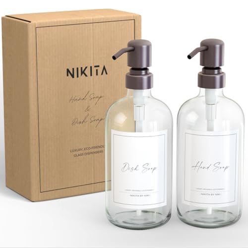 Küchenseifenspender aus Glas mit Edelstahlpumpe, 2er-Pack Hand- und Geschirrspülmittel, nachfüllbare 500-ml-Flaschen, wasserdichte Etiketten und Geschenkbox (transparent) von Nikita By Niki