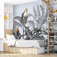 Monochromes Dschungel Wandbild/Monochromer Stil Bäume Und Tiere Kinderzimmer Tapete von NikkelArtcom