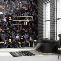 Papier Peint Tropical/Fleurs Oiseaux De Paradis Fond Sombre Artistique Imprimé Exotique Roses von NikkelArtcom